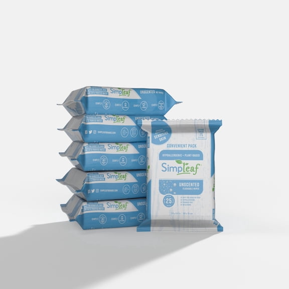 Simpleaf Flushable Wet Wipes Unscented Eco-Friendly, Paraben & Alcohol Free | Hypoallergenic & Safe for Sensitive Skin | Soothing Aloe Vera Formula | (6 x 25 Counts Convenient Pack) 150 Counts Total