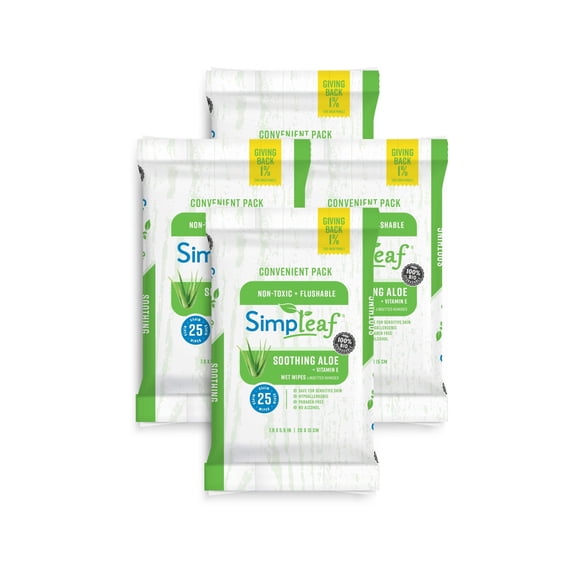 Simpleaf Flushable Wet Wipes, 25 Count (Pack of 4), Aloe Vera