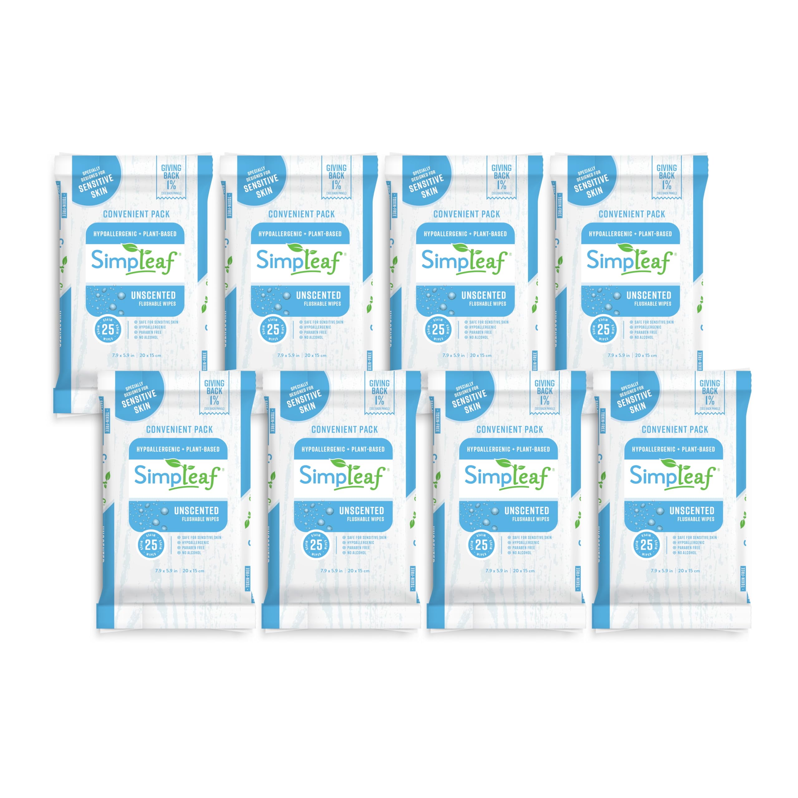 Simpleaf Flushable Wet Wipes Unscented Eco-Friendly, Paraben & Alcohol Free | Hypoallergenic & Safe for Sensitive Skin | Soothing Aloe Formula | (8 x 25 Counts Convenient Pack) 200 Counts Total