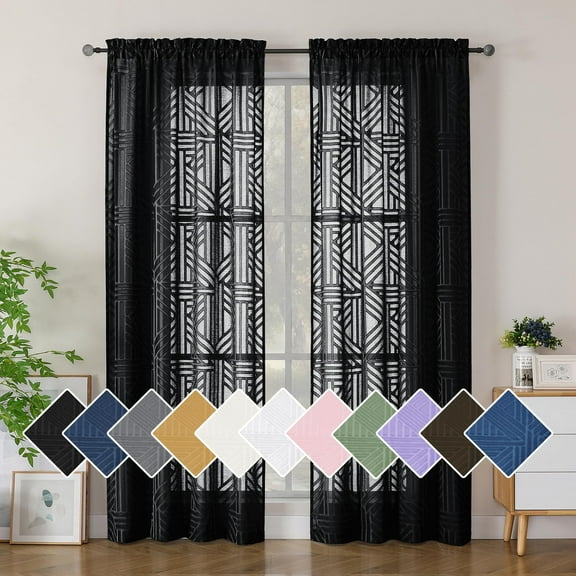 Simplebrand Semi Sheer Curtains 84 Inches Long 2 Panels, Light Filtering Geometric Jacquard Textured Window Drapes for Bedroom Living Room, Modern Elegant Sheer Curtains, 42x84 Inch, Black