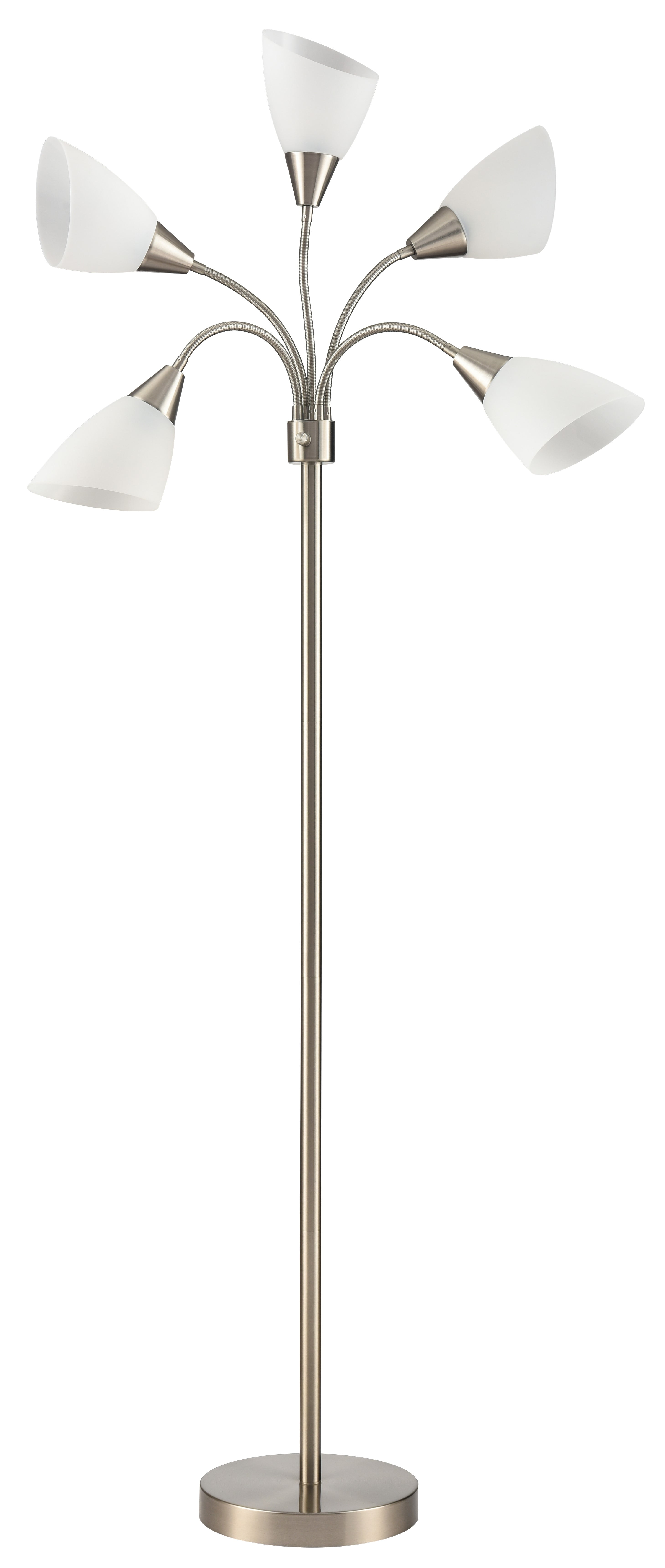 Simplee Adesso 67" 5-Light Modern Adjustable Arm Brushed Steel Floor Lamp with White Plastic Shades