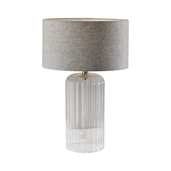 Simplee Adesso Carrie Large Table Lamp, Clear Ribbed Glass with Antique Brass Neck, Soft Touch Grey Fabric Shade
