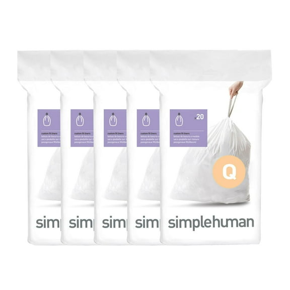 Simplehuman Code Q 100pk Genuine Custom Fit Liners, 17-Gallons Unscented White Indoor Plastic Kitchen Drawstring Trash Bag 100 -Count