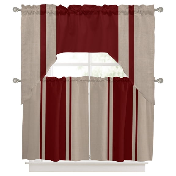 Simpler Red Line Kitchen Curtains Swag Valance and Tier Curtains Set 24 Inch Length, Farmhouse Red Striped Abstract Rod Pocket Drape Panels Pair Swag Curtains for Bathroom/Cafe/Window