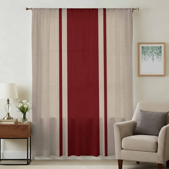 Simpler Red Line Sheer Curtains 63 Inches Long, Farmhouse Red Striped Abstract Light Filering Curtains, Breathable Simi Curtain Privacy Drapes for Living Room Bedroom Lightweight Window Treatment