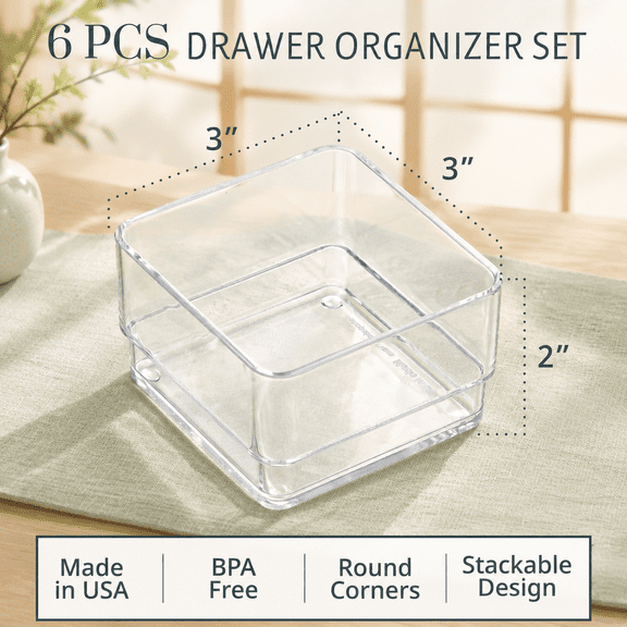 Simplesort 6-piece Stackabler Drawer Organizer Set | 3" X 2" Square Trays Small Makeup Vanity Storband Office Desk Dividers