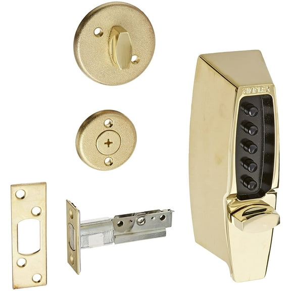 Simplex 710803 Kaba 7100 Series Metal Mechanical Pushbutton Auxiliary Lock with Thumbturn, 25mm Tubular Deadbolt, Flat Front Face Plate, 60mm Backset, Bright Brass Finish