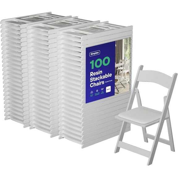 Simplex Furniture New Resin Stackable Chairs Indoor & Outdoor White Folding Chairs, 100-Pack