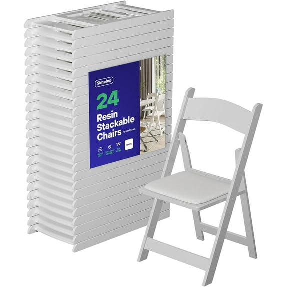 Simplex Furniture New Resin Stackable Chairs Indoor & Outdoor White Folding Chairs, 24-Pack