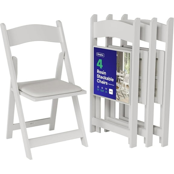 Simplex Furniture New Resin Stackable Chairs Indoor & Outdoor White Folding Chairs, 4-Pack