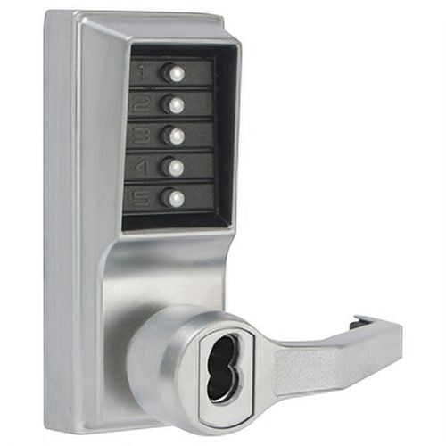 Simplex Kaba LR1041S26D Right Hand Mechanical Pushbutton Lever Lock Combination; Passage; and Key Override; Schlage Prep and 2-3/4" Backset Satin Chrome Finish