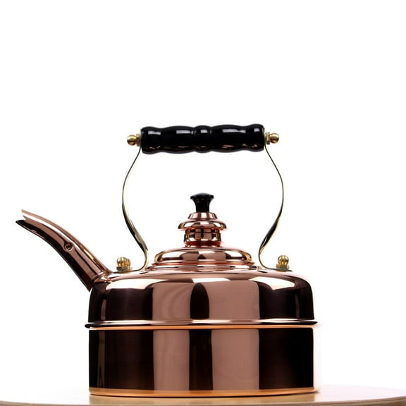 Newey & Bloomer Kensington No. 1 Tea Kettle, 1.9 Qt. - Handmade Solid Copper Body & Beechwood Handle, Whistling Lid - Classic British Craftsmanship - Gas & Electric Compatible