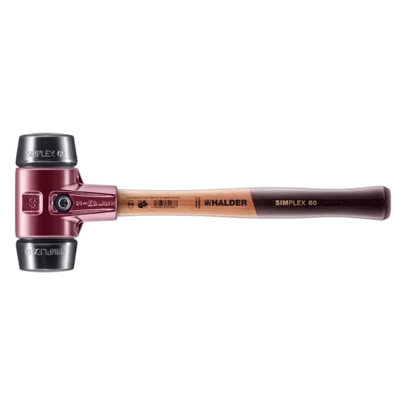 Simplex Mallet 60mm  Medium-Hard Rubber Inserts, Cast Iron Housing with Protection Sleeve, Varnished Hickory Handle, Professional Soft Hammer for Construction, Paving & Carpentry  3002.060