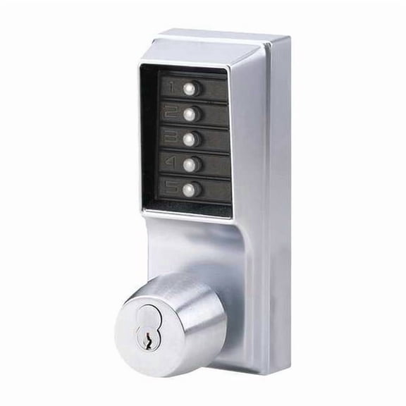 Mechanical Push Button Lockset, Satin Chrome, 1-3/8" to 2-1/4" For Door Thickness, 5 Number of Keys