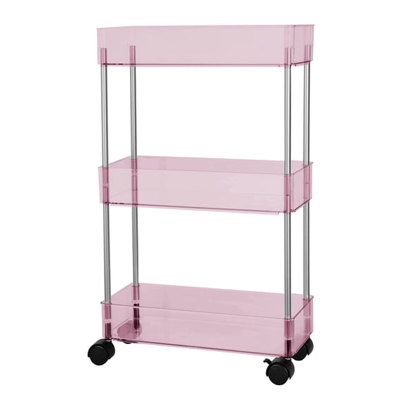 Simpli Furnished 3 Tier Rolling Cart Plastic Storage with Wheels for Bathroom, Lightweight, 16"w X 5"d X 29.5"h, Pink