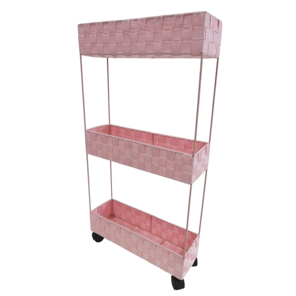 Simpli Furnished Woven 3-Tier Rolling Cart Slim Storage with Wheels for Kitchen & Bathroom, Lightweight, 16"w X 5"d X 29.5"h, 2-Pack, Pink