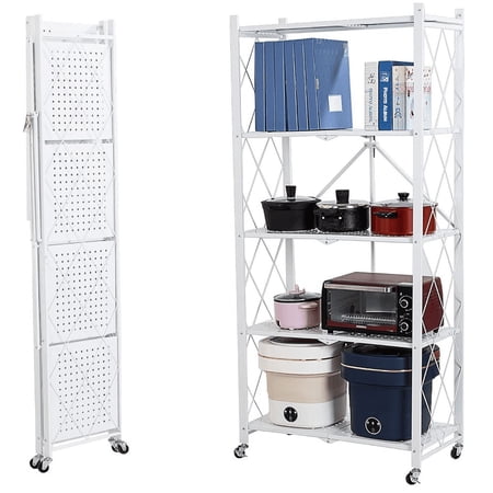 Simpli Furnished LLC 5-Tier Foldable Storage Shelves with Wheels, Folding Metal Rack Shelving Unit, Heavy Duty No Assembly Organizer Shelf for Garage, Kitchen, Basement, Pantry, White