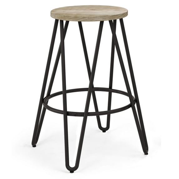 Simpli Home Simeon Industrial Metal 24 inch Metal Counter Height Stool with Wood Seat in Natural / Black