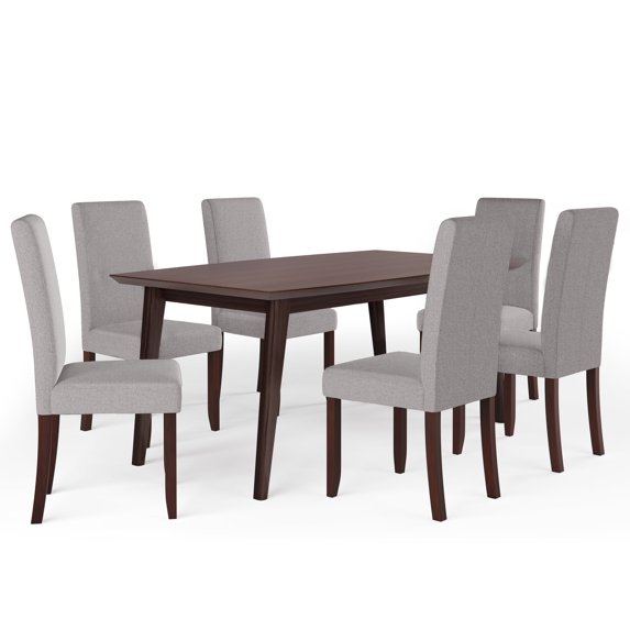 Simpli Home Acadian / Draper Contemporary Modern 7 Pc Dining Set with 6 Upholstered Parson Chairs in Cloud Grey Linen Look Fabric and 66 inch Wide Table