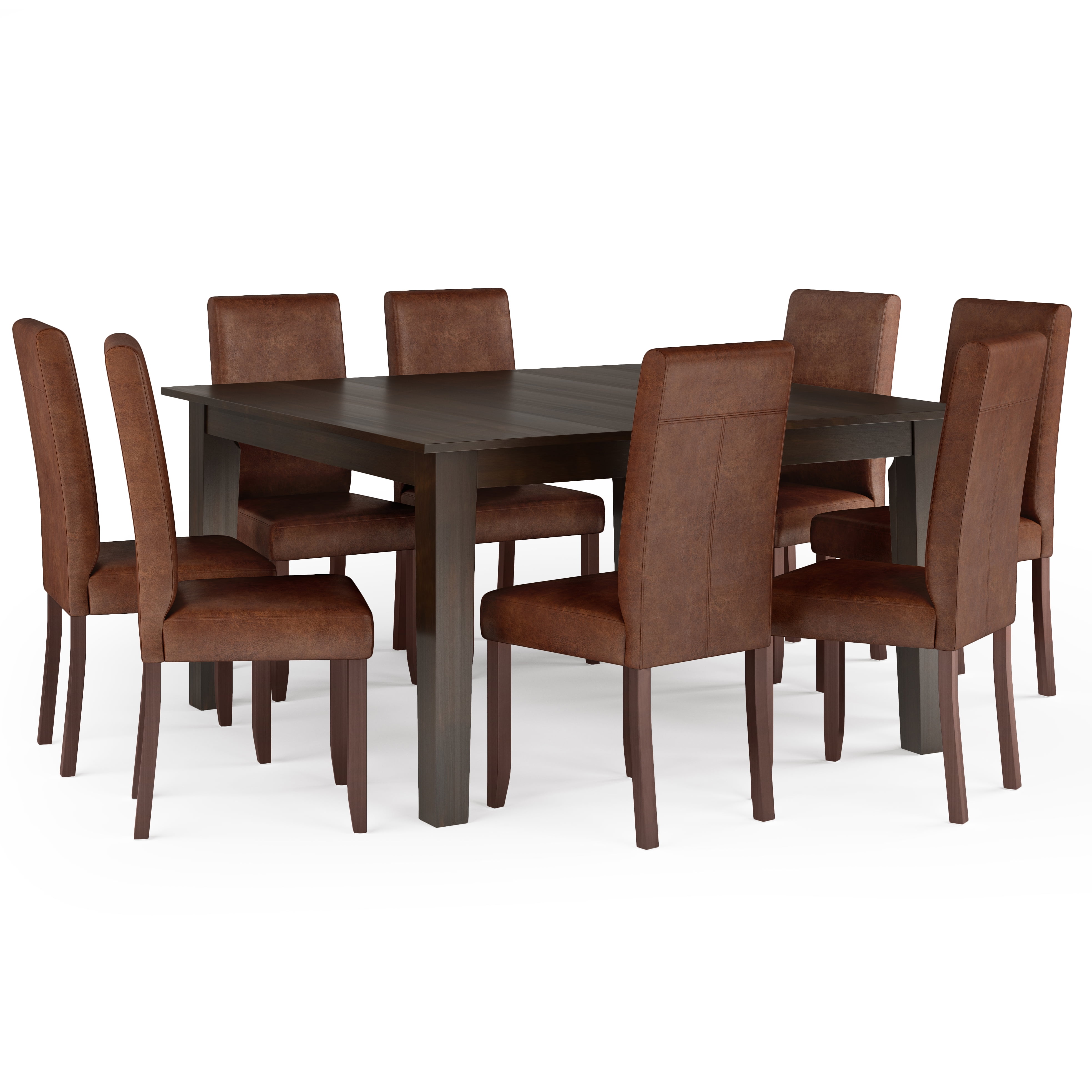 Distressed Saddle Brown Faux Leather 9-Piece Dining Set with Solid Rubberwood Table