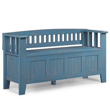 Simpli Home Acadian SOLID WOOD 48 inch Wide Transitional Entryway Storage Bench in Distressed Coastal Blue