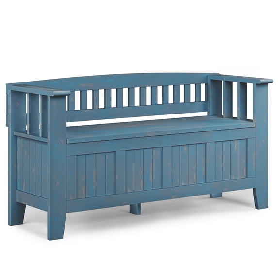 Simpli Home Acadian SOLID WOOD 48 inch Wide Transitional Entryway Storage Bench in Distressed Coastal Blue