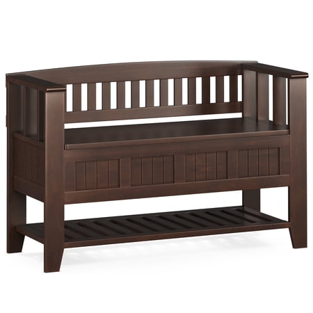 Simpli Home Acadian 48 inch Wide Solid Wood Entryway Storage Bench with Shelf in Brunette Brown