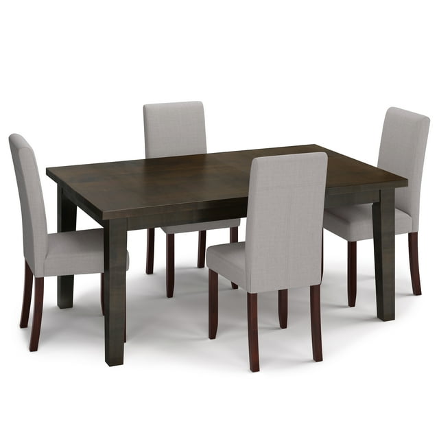 Simpli Home Acadian Transitional 5 Pc Dining Set with 4 Upholstered Parson Chairs in Dove Grey Linen Look Fabric and 66 inch Wide Table