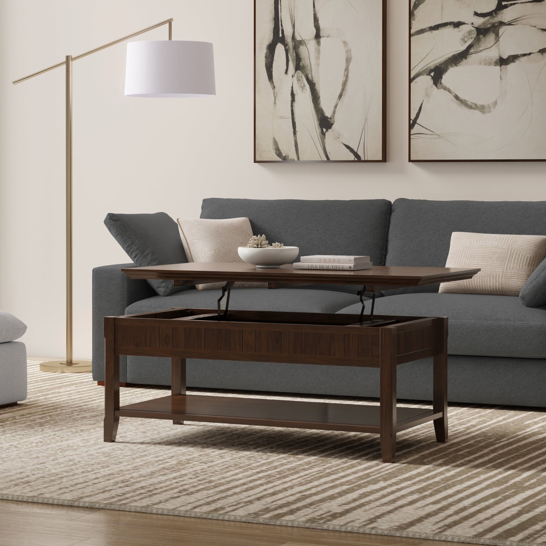 Brunette Brown Wood Lift-Top Coffee Table with Storage