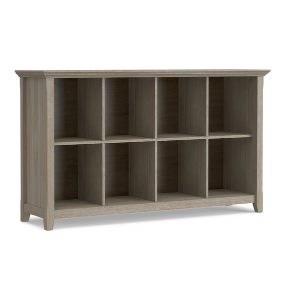 Simpli Home Acadian 57 inch Wide Solid Wood Transitional 8 Cube Storage Sofa Table in Distressed Grey