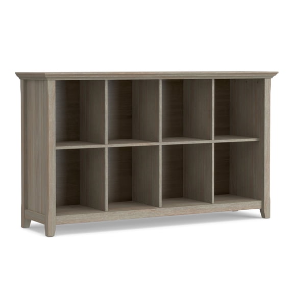 Simpli Home Acadian 57 inch Wide Solid Wood Transitional 8 Cube Storage Sofa Table in Distressed Grey