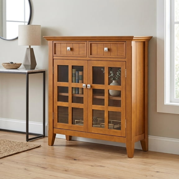 Simpli Home Acadian 36 inch Wide Solid Wood Transitional Entryway Storage Cabinet in Light Golden Brown