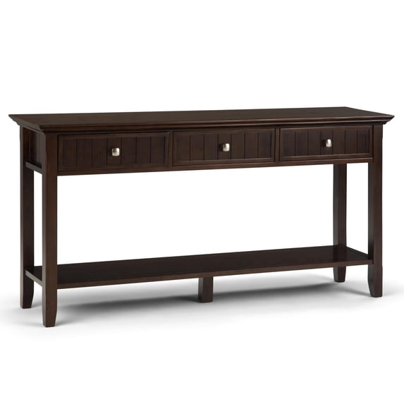 Simpli Home Acadian 60 inch Wide Solid Wood Transitional Wide Console Sofa Table in Brunette Brown