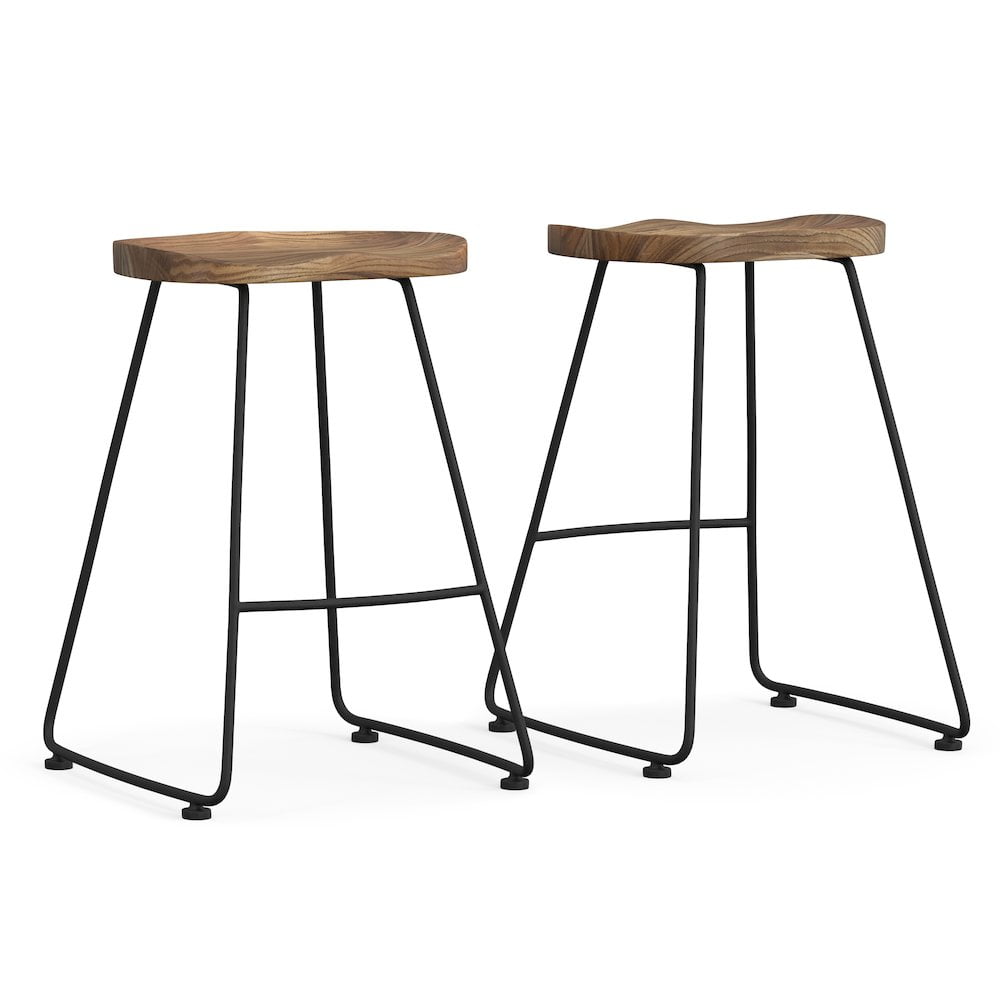 Amberly 24" Natural Wood and Black Metal Saddle Counter Stools
