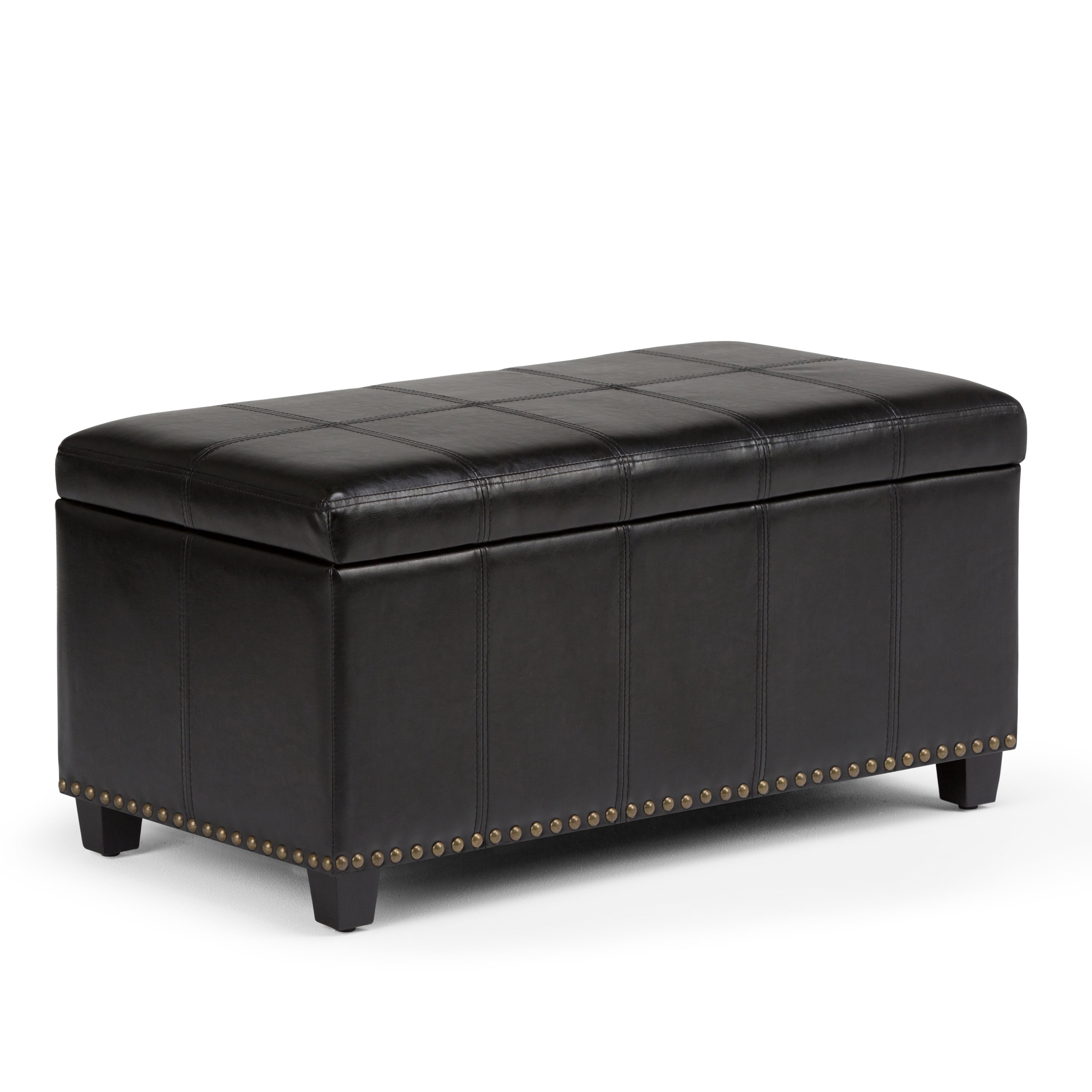 Amelia 33 inch Wide Storage Ottoman Bench in Midnight Black Vegan Leather