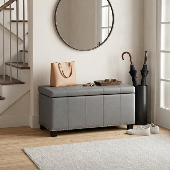 Simpli Home Amelia 34" Transitional Rectangle Ottoman Bench in Stone Gray Faux Leather