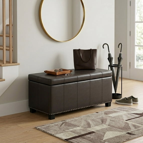 Simpli Home Amelia 34" Transitional Rectangle Ottoman Bench in Tanners Brown Faux Leather