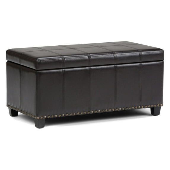 Simpli Home Amelia 33 inch Wide Transitional Storage Ottoman Bench in Tanners Brown Vegan Leather