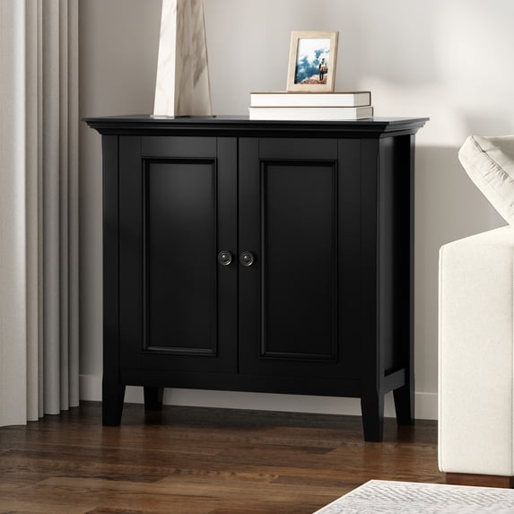 Simpli Home Amherst 32 inch Wide Solid Wood Transitional Low Storage Cabinet in Black