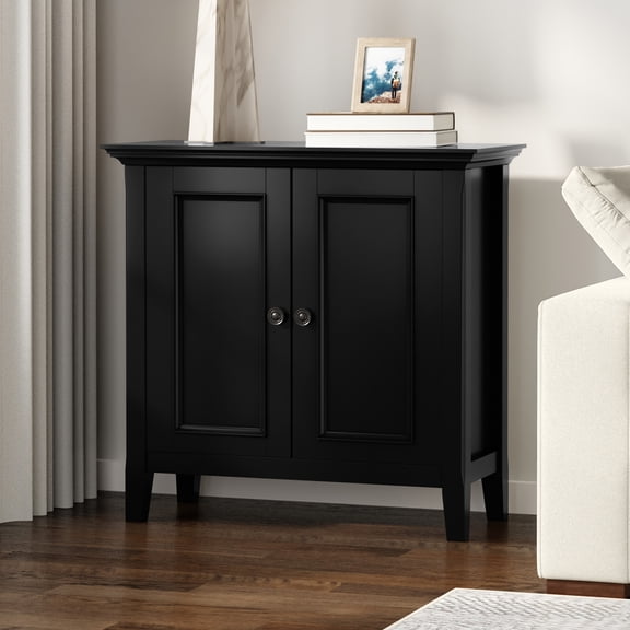 Simpli Home Amherst 32 inch Wide Solid Wood Transitional Low Storage Cabinet in Black