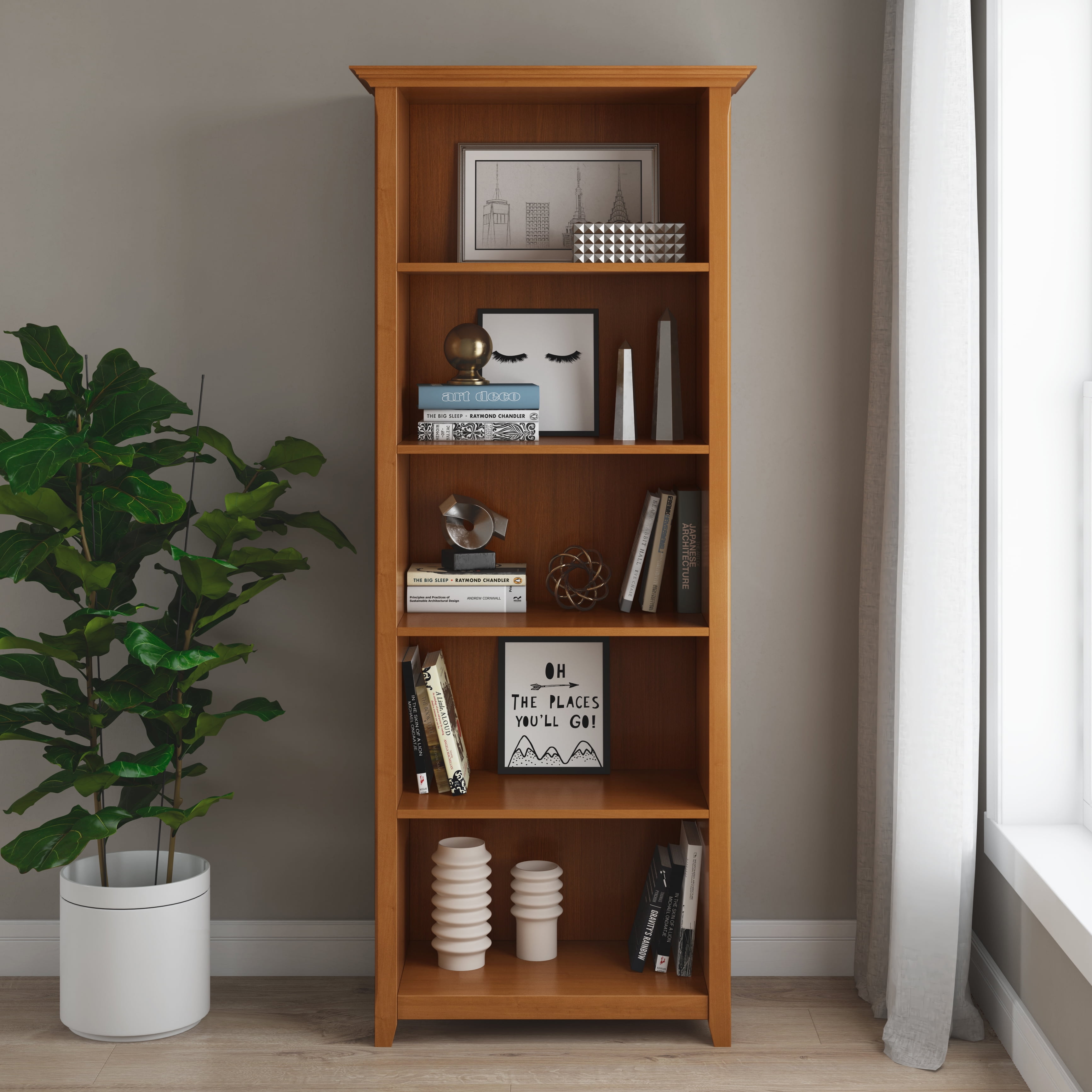 Simpli Home Amherst 5 Shelf Solid Wood Bookcase in Light Golden