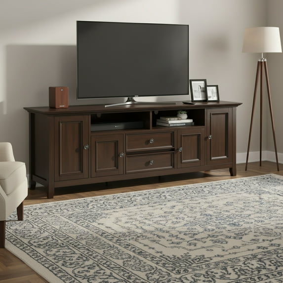 Simpli Home Amherst 72 inch Wide Solid Wood TV Stand, Mocha Brown