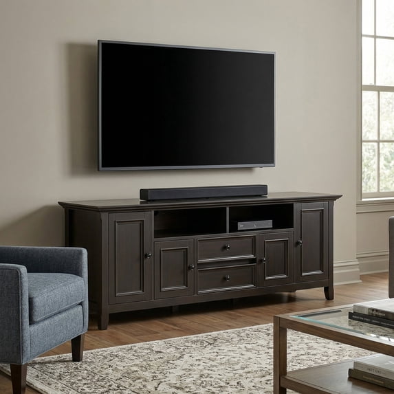 Simpli Home Amherst 72 inch Wide Solid Wood TV Stand in Hickory Brown For TVs up to 80 inches