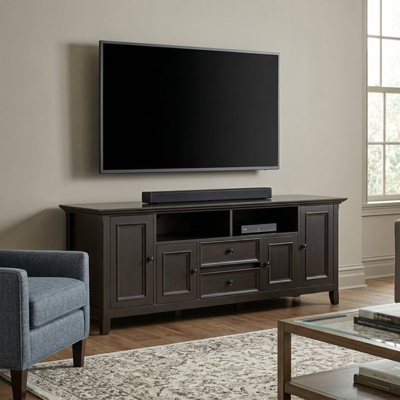 Simpli Home Amherst 72 inch Wide Solid Wood TV Stand in Hickory Brown For TVs up to 80 inches