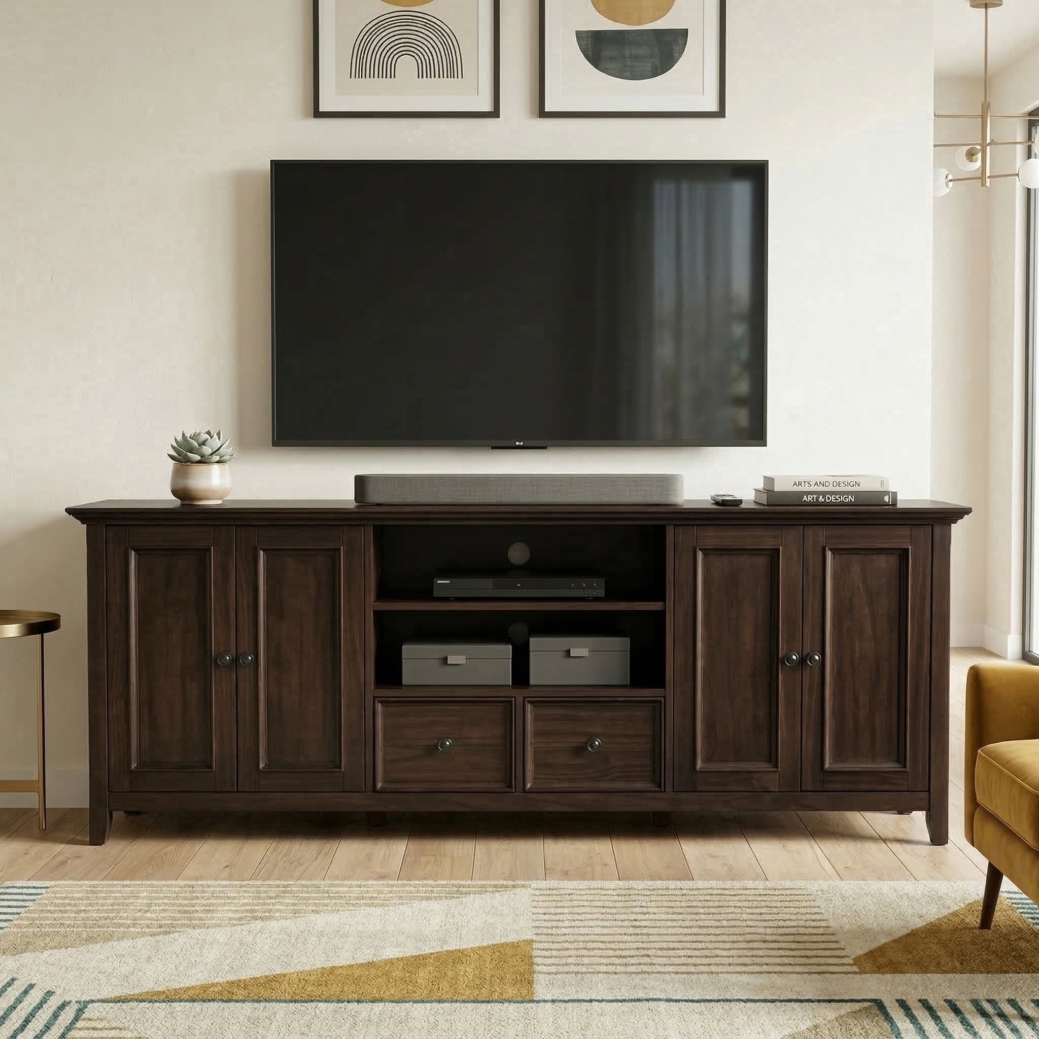 Simpli Home Amherst 84W TV Stand with Drawers, Doors and Shelves