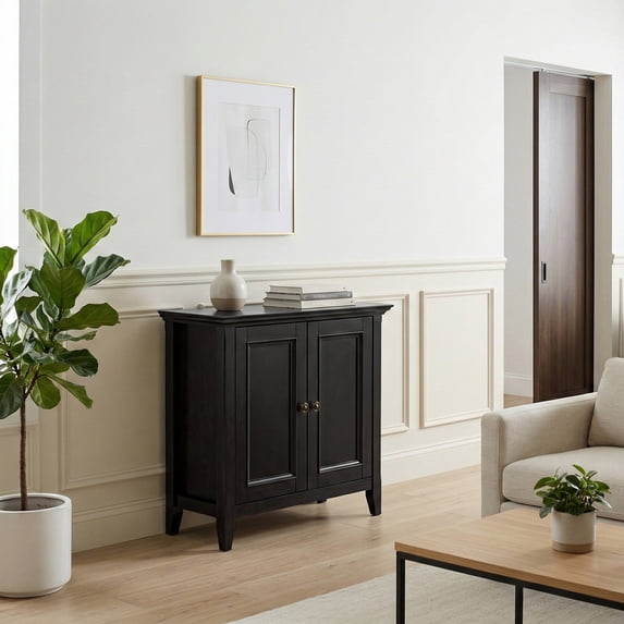 Simpli Home Amherst 32 inch Wide Solid Wood Transitional Low Storage Cabinet in Hickory Brown