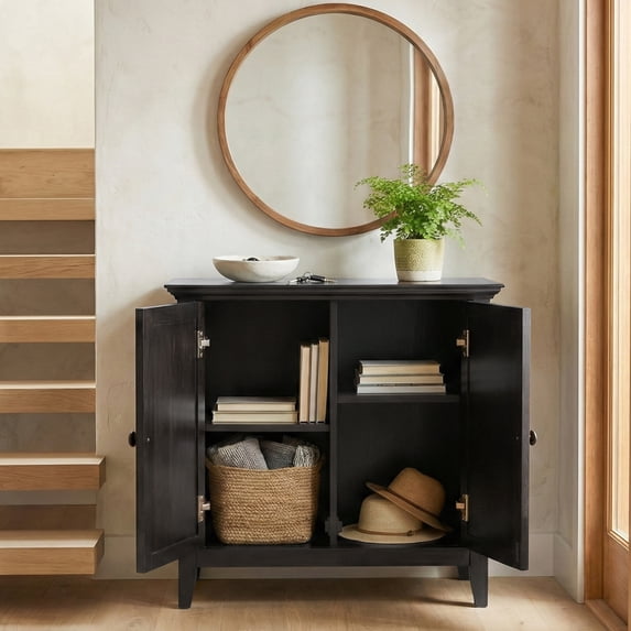 Simpli Home Amherst 32 inch Wide Solid Wood Transitional Low Storage Cabinet in Hickory Brown