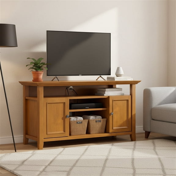 Simpli Home Amherst 54 inch Wide Solid Wood Transitional TV Stand in Light Golden Brown