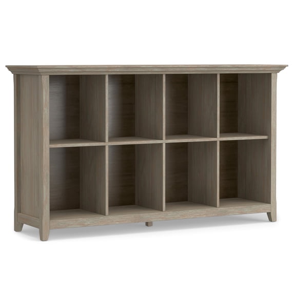 Simpli Home Amherst 57 inch Wide Solid Wood Transitional 8 Cube Storage Sofa Table in Distressed Grey
