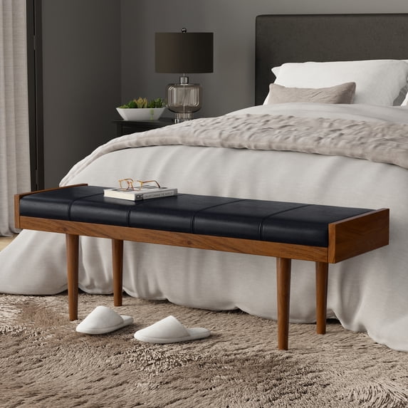 Simpli Home Anya 51 inch Wide Contemporary Modern Rectangle Ottoman Bench in Black Genuine Leather, Assembled